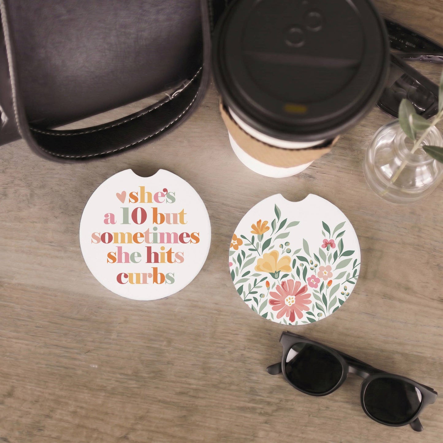 She Hits Curbs Flowers - Car Coasters