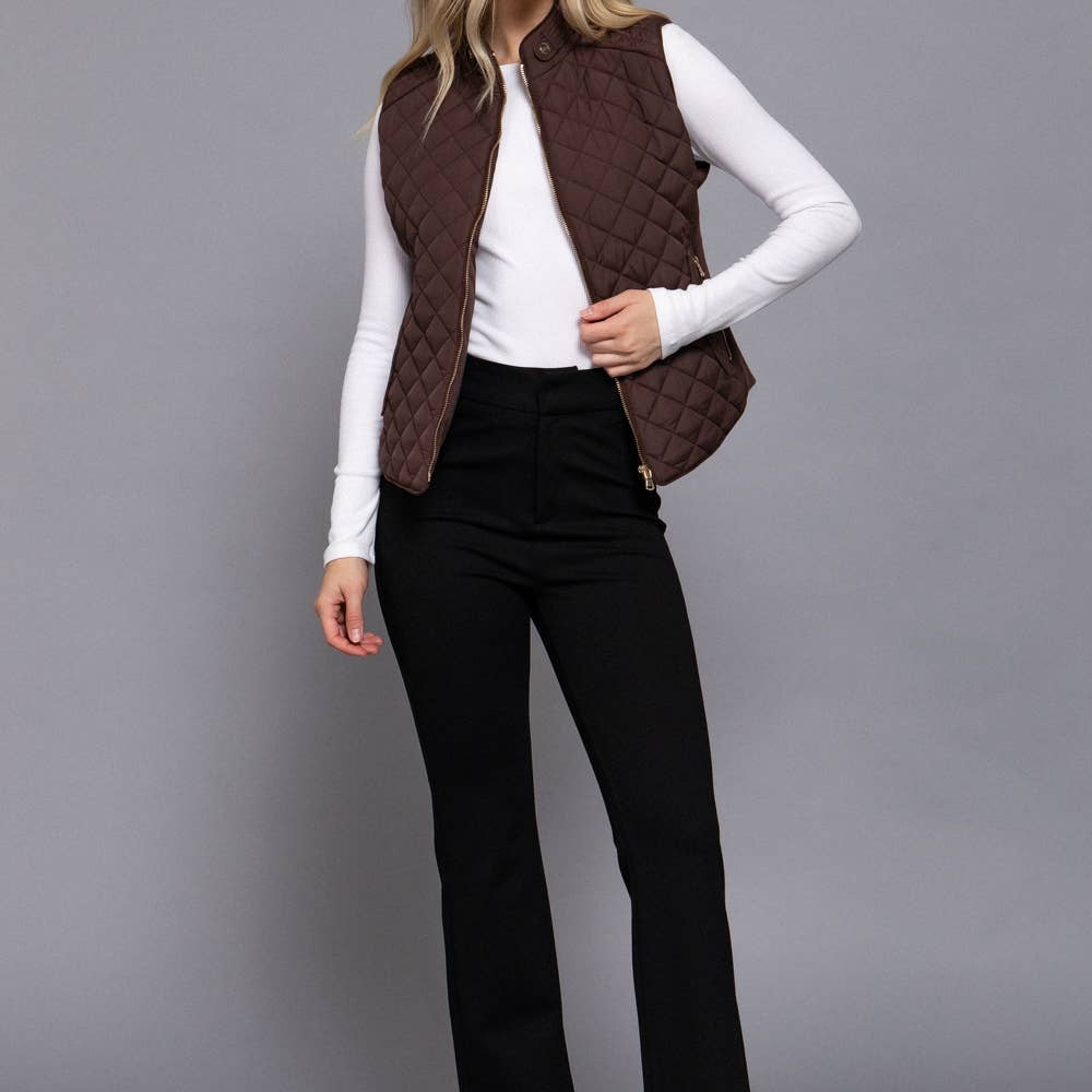 Brown Suede Piping Detail Rib Quilted Padding Vest 2916