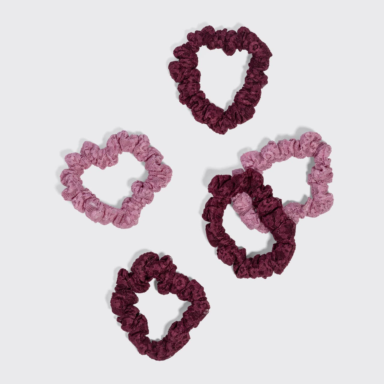 CC Ruched Lace Scrunchies 5pc Set - Cherry Lacquer & Dusty Pink