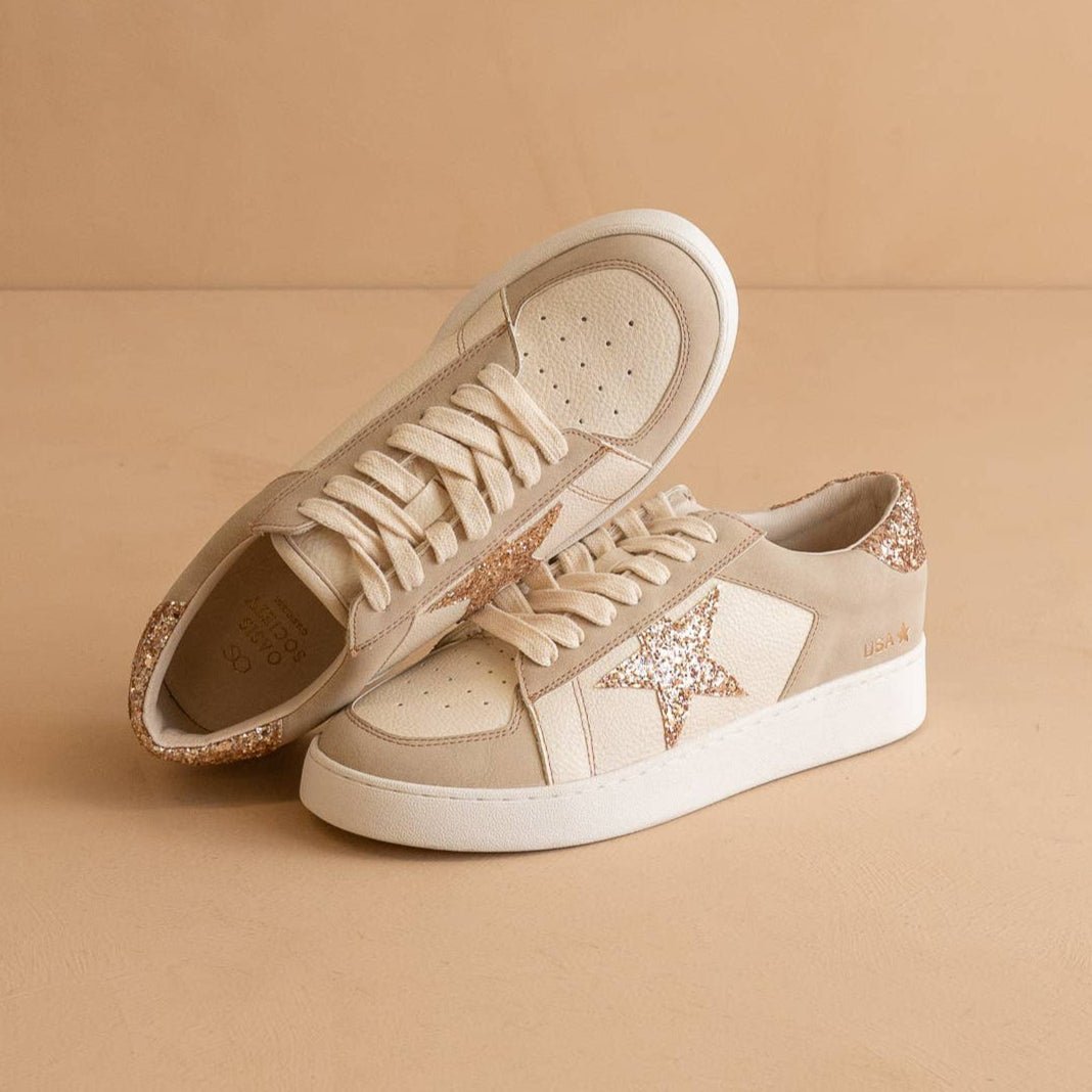 Beige Glitter Star Sneakers – Trendy Casual Women’s Shoe