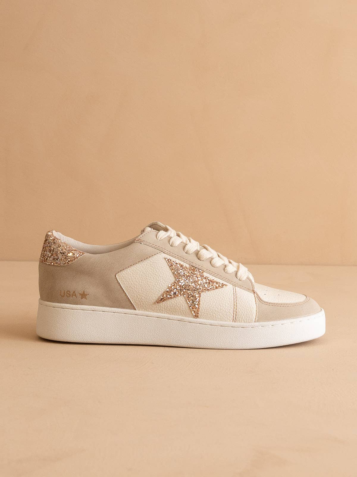 Beige Glitter Star Sneakers – Trendy Casual Women’s Shoe