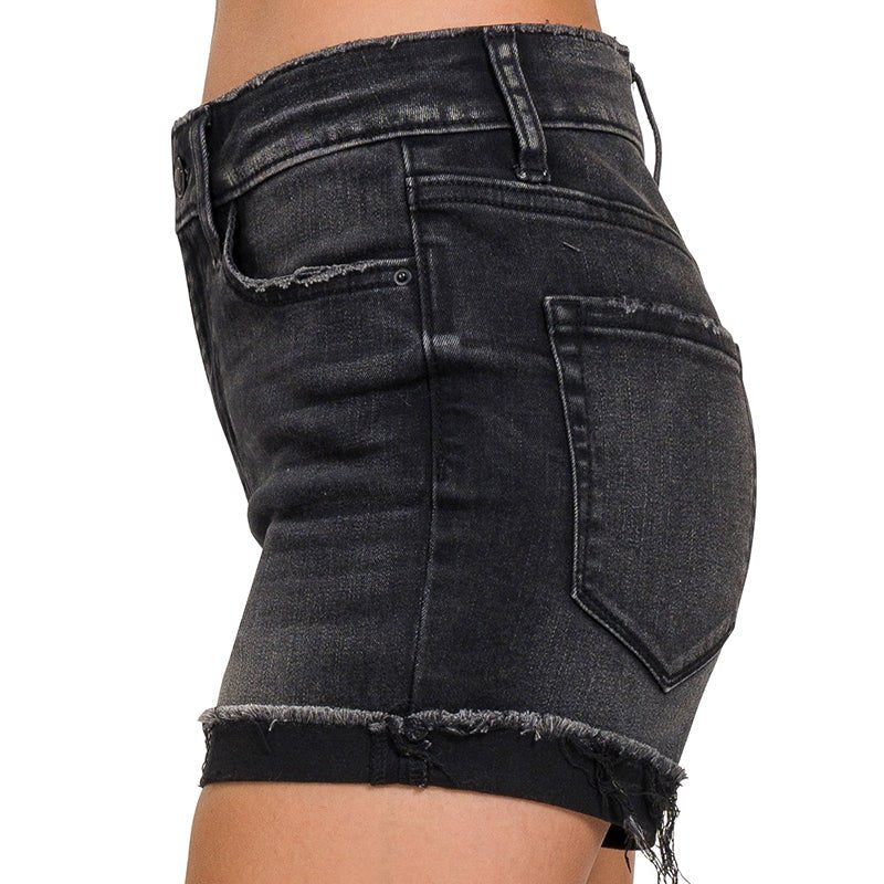 Black Distressed Cuffed Raw Hem Denim Shorts