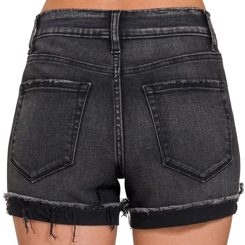 Black Distressed Cuffed Raw Hem Denim Shorts