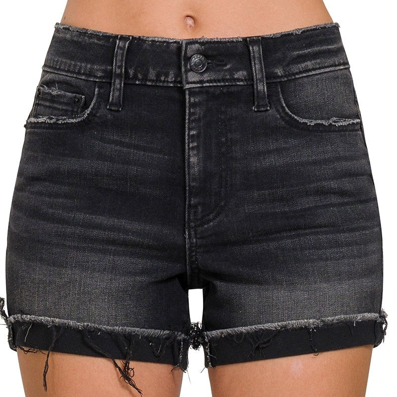 Black Distressed Cuffed Raw Hem Denim Shorts