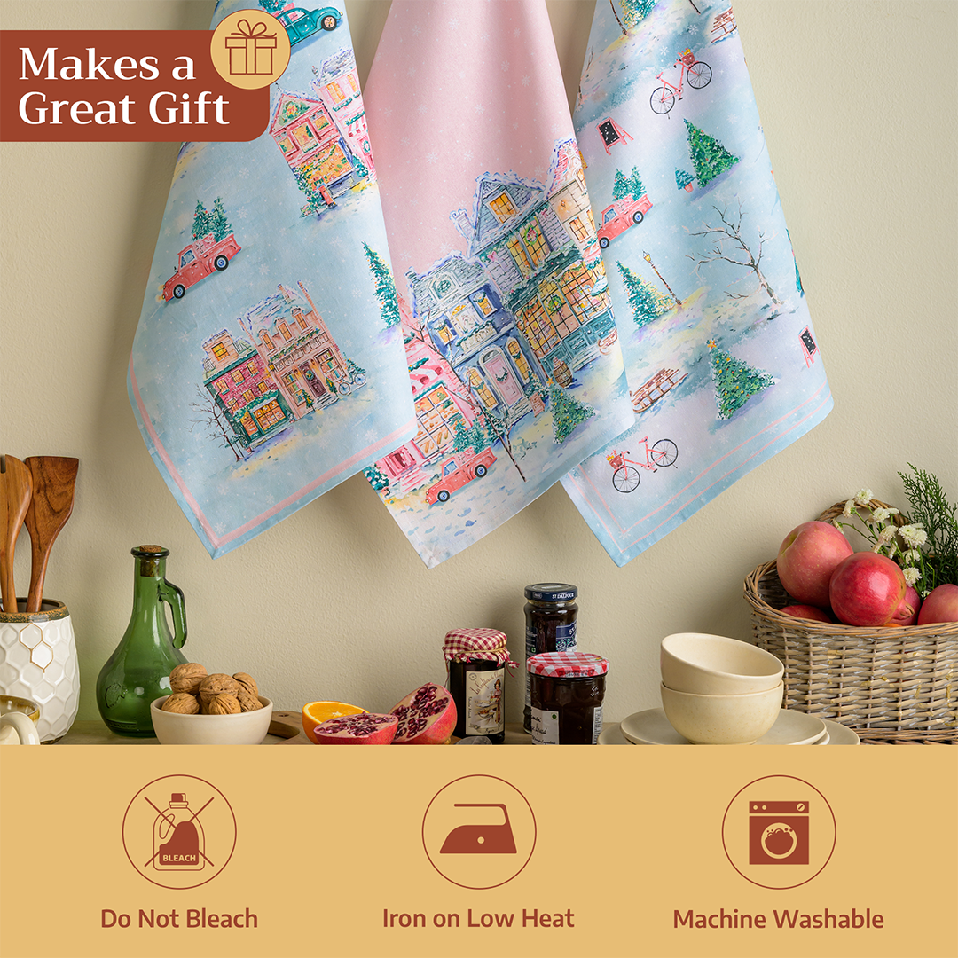Pink Christmas Village Cotton Kitchen Towel (varies)