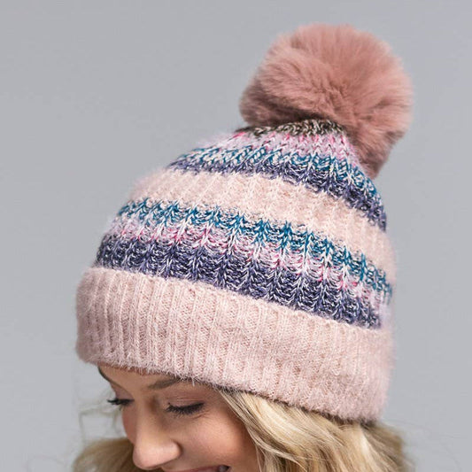 Pink Metallic Striped Pompom Beanie Stocking Cap