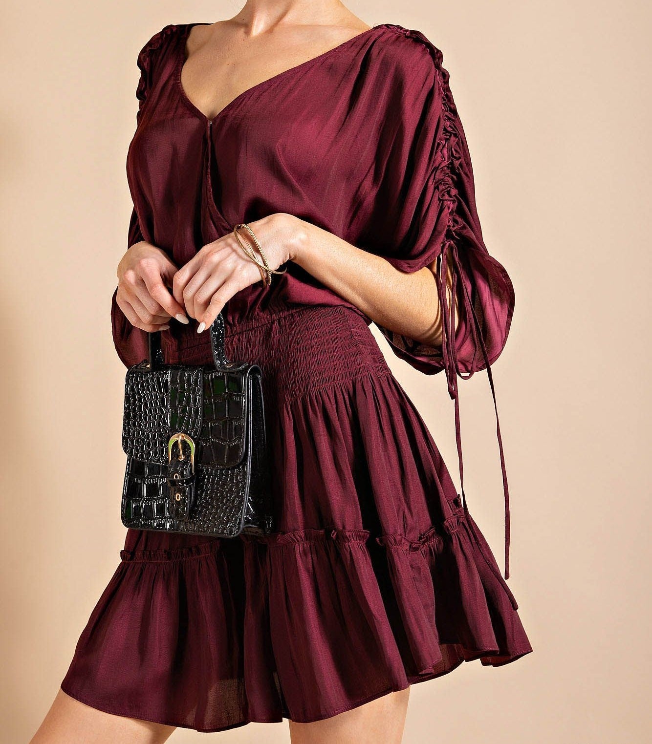 Dolman Sleeve Smocked Dress in Burgundy