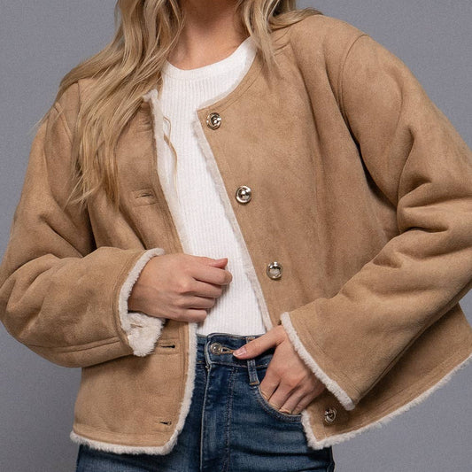 Long Sleeve Gold Button Faux Suede Jacket 2808