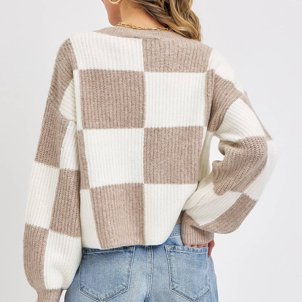 Checker Relaxed Fit Comfy Sweater in Mocha 2878