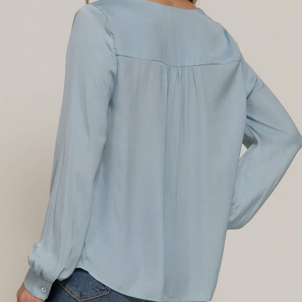 Blue Long Sleeve V-Neck with Pleats Satin Blouse