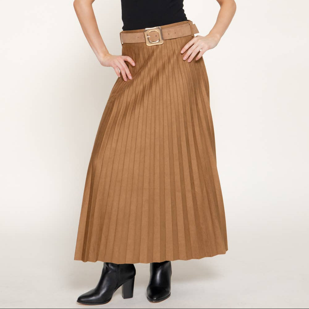 Camel Belted Faux Suede Pleated Long Skirt 2926