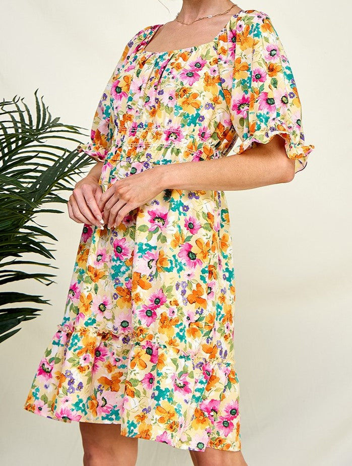 Carefree Smocked Waist Dress in Pink Floral
