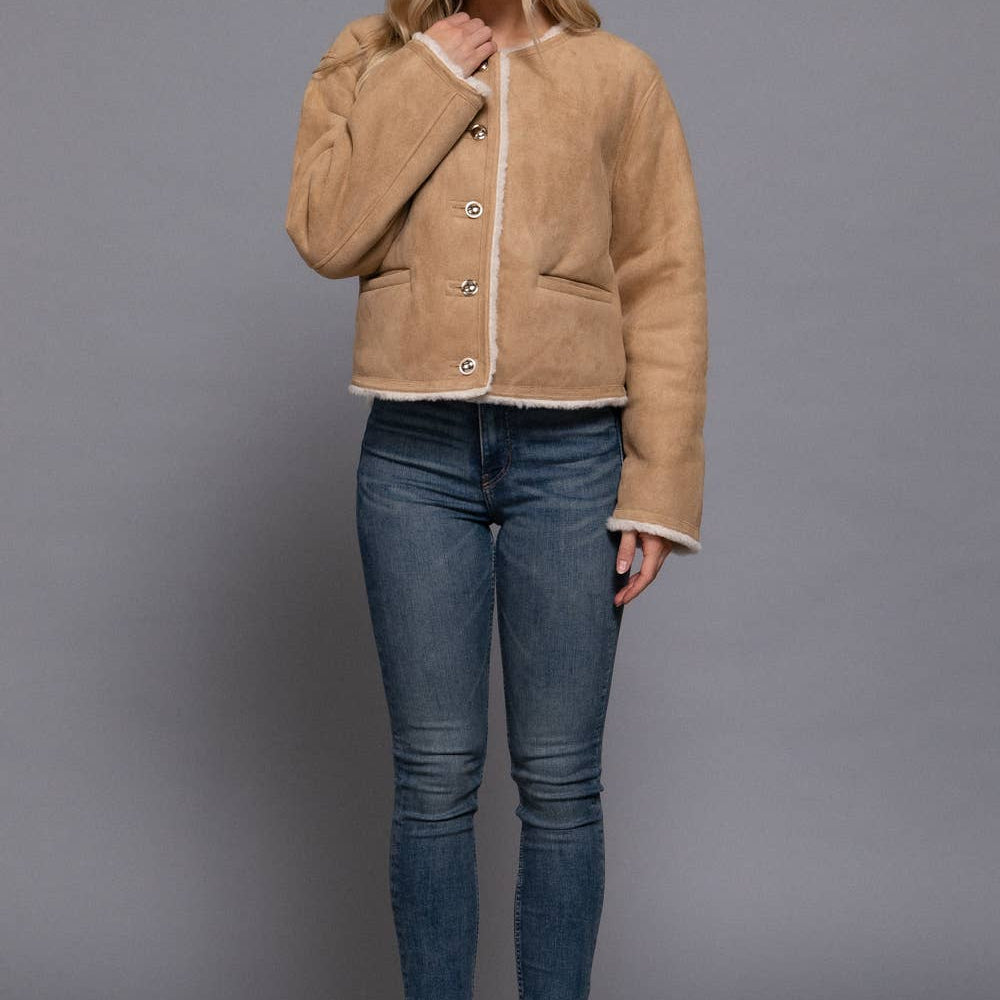 Long Sleeve Gold Button Faux Suede Jacket