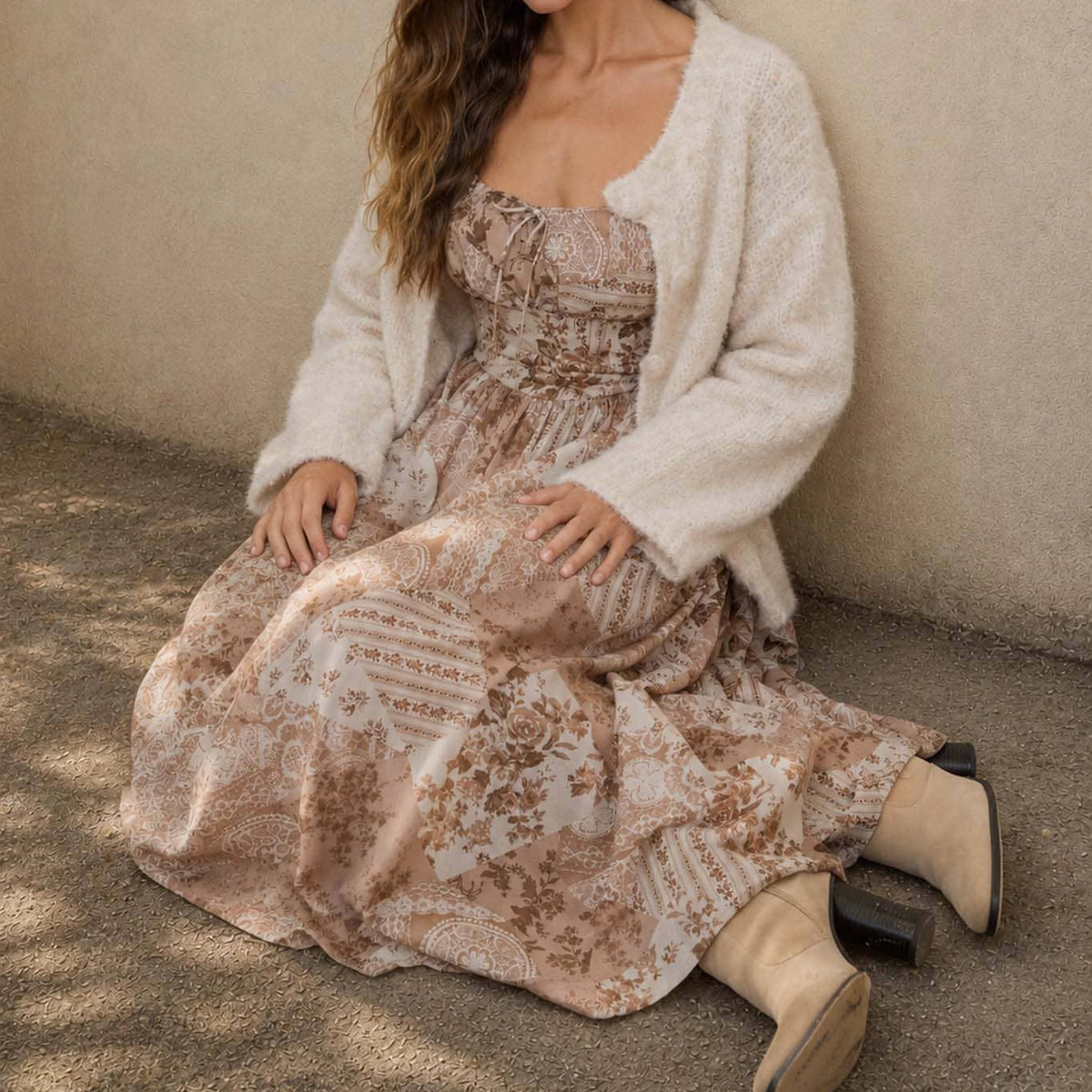 Taupe Patchwork Midi Dress 2882