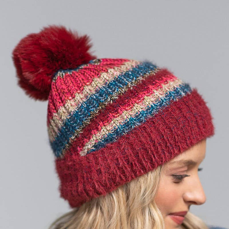 Burgundy Metallic Striped Pompom Beanie Stocking Cap