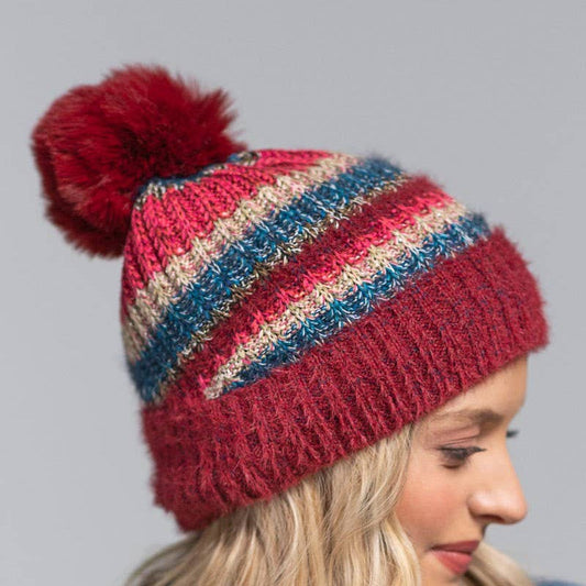 Burgundy Metallic Striped Pompom Beanie Stocking Cap