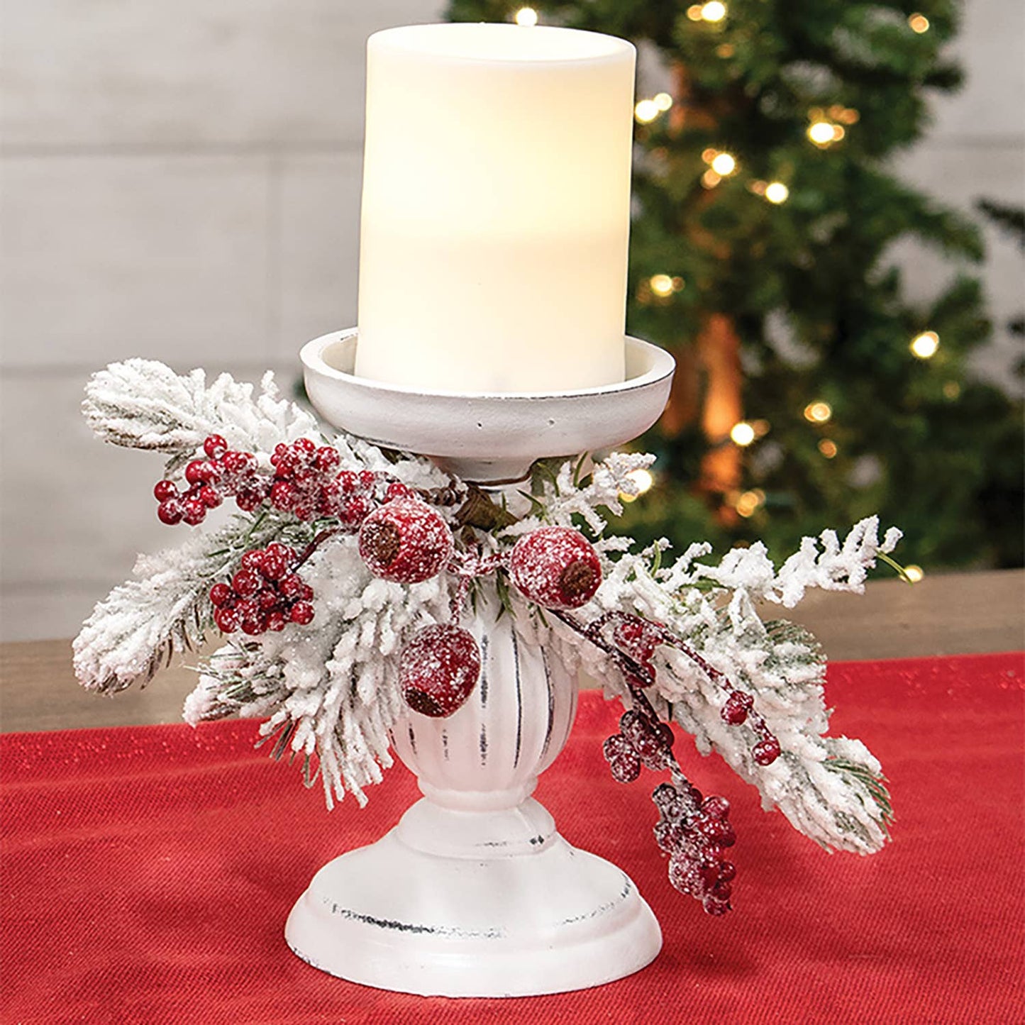 Snow Sprinkled Pine & Berry Pillar Candle Holder
