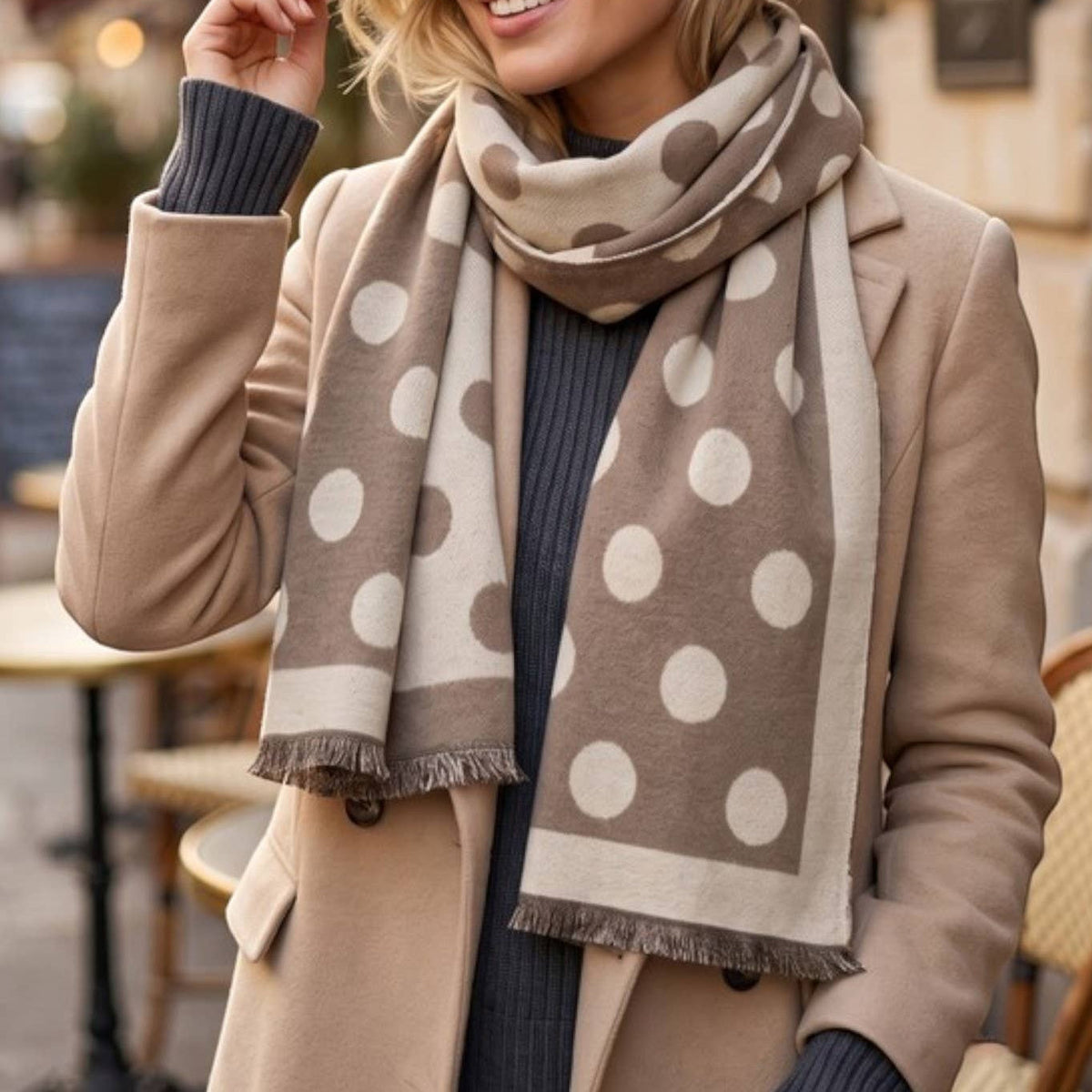 Two Tone Polka Dots Print Reversible Scarf Wrap in Taupe
