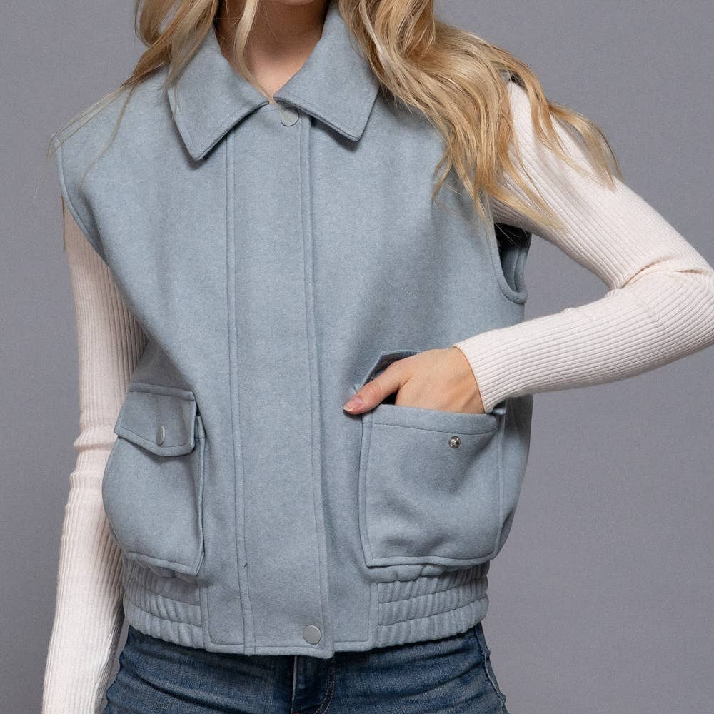 Pale Blue Notched Collar Soft Felt Zip Up Vest
