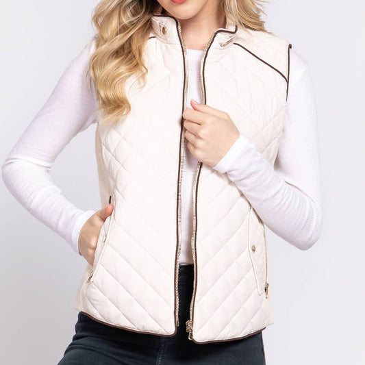 Ivory Suede Piping Detail Rib Quilted Padding Vest 2918