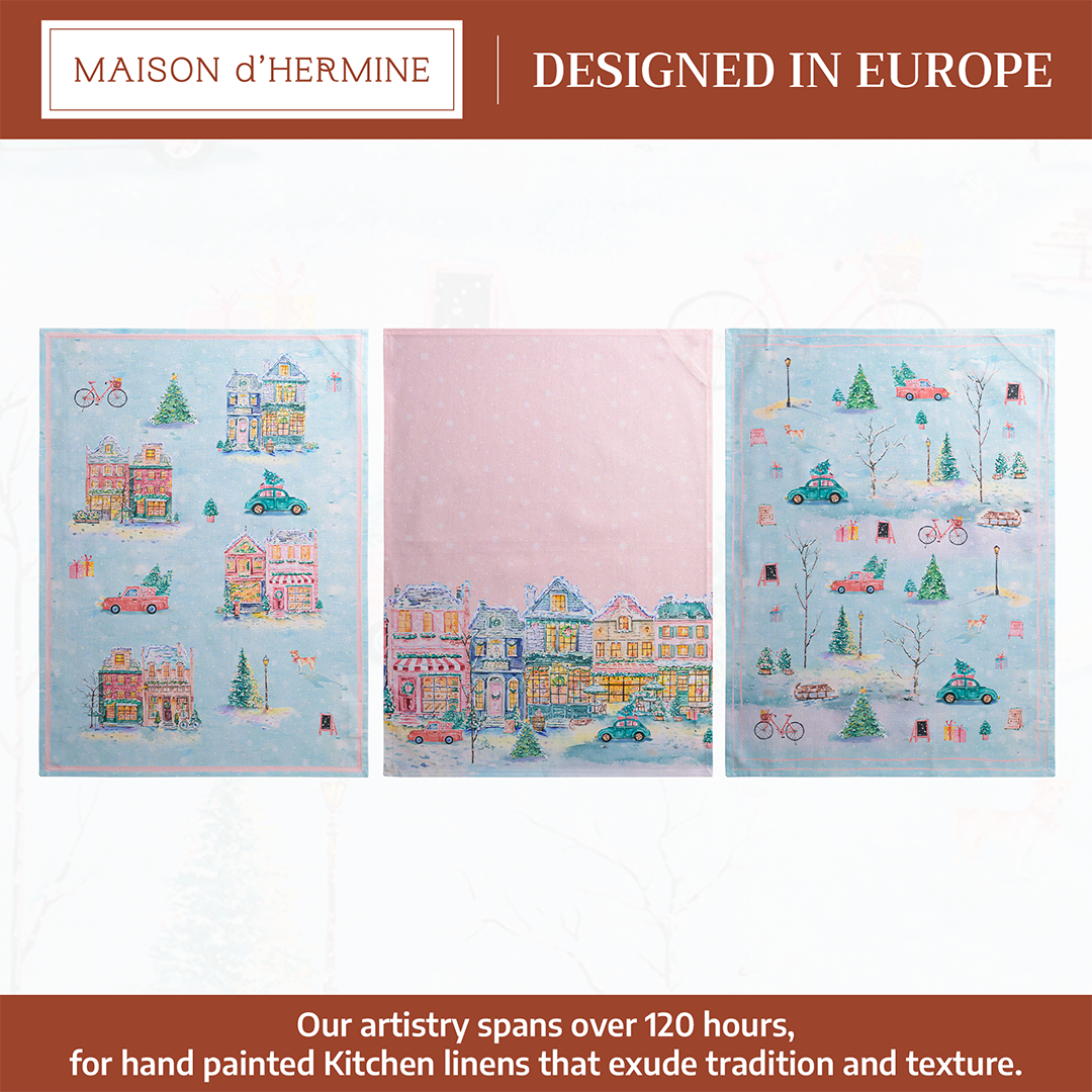 Pink Christmas Village Cotton Kitchen Towel (varies)