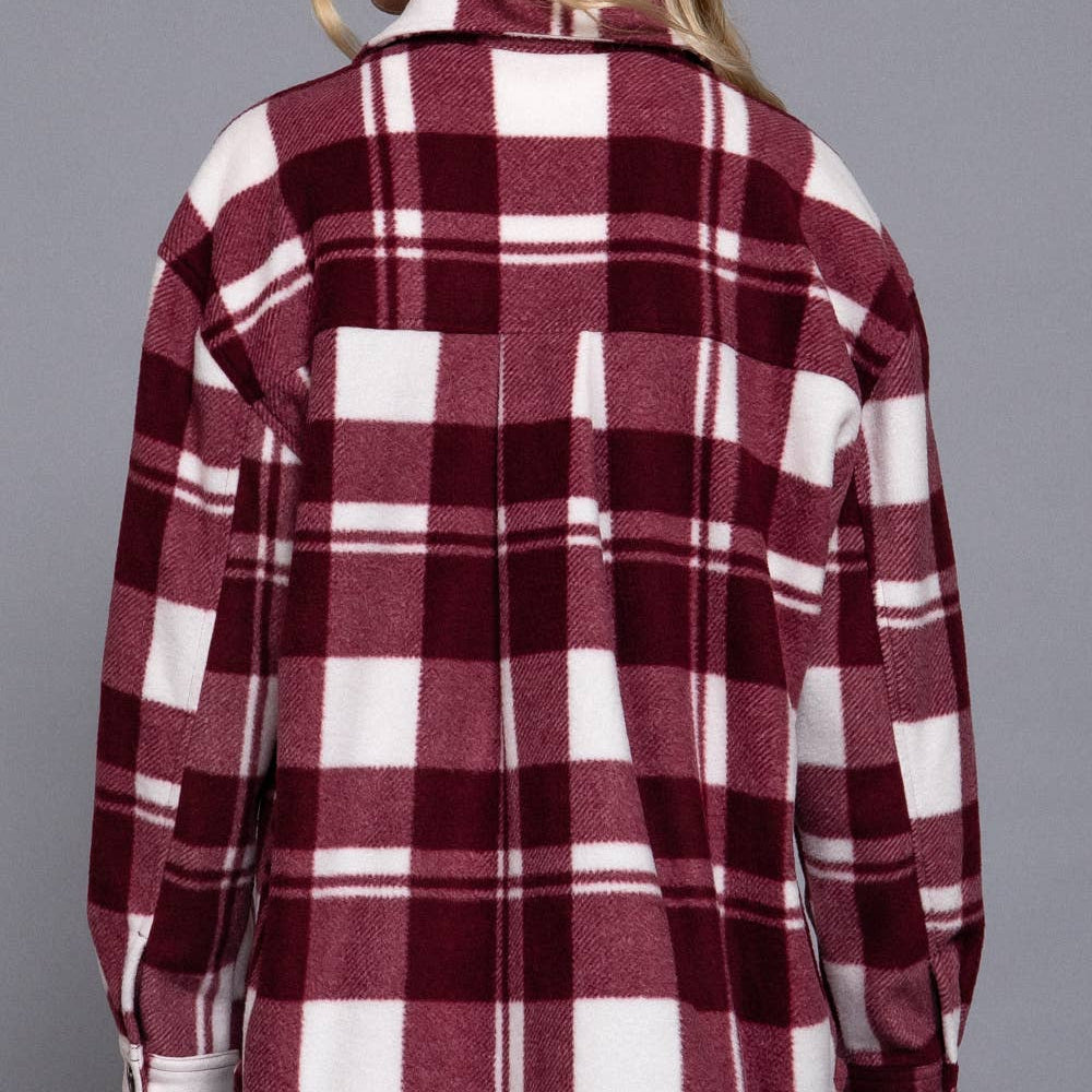 Burgundy Long Sleeve Check Printed Fleece Shacket 2925