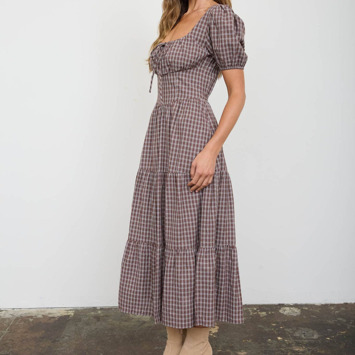 Plaid Puff Sleeve Corset Detail Tiered Midi Western Dress in Mocha 2881