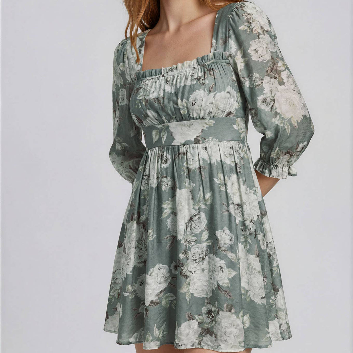 Green Square Neck Floral Dress 2883