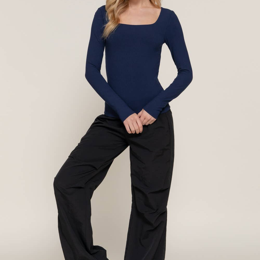 Square Neck Ribbed Knit Top in Navy