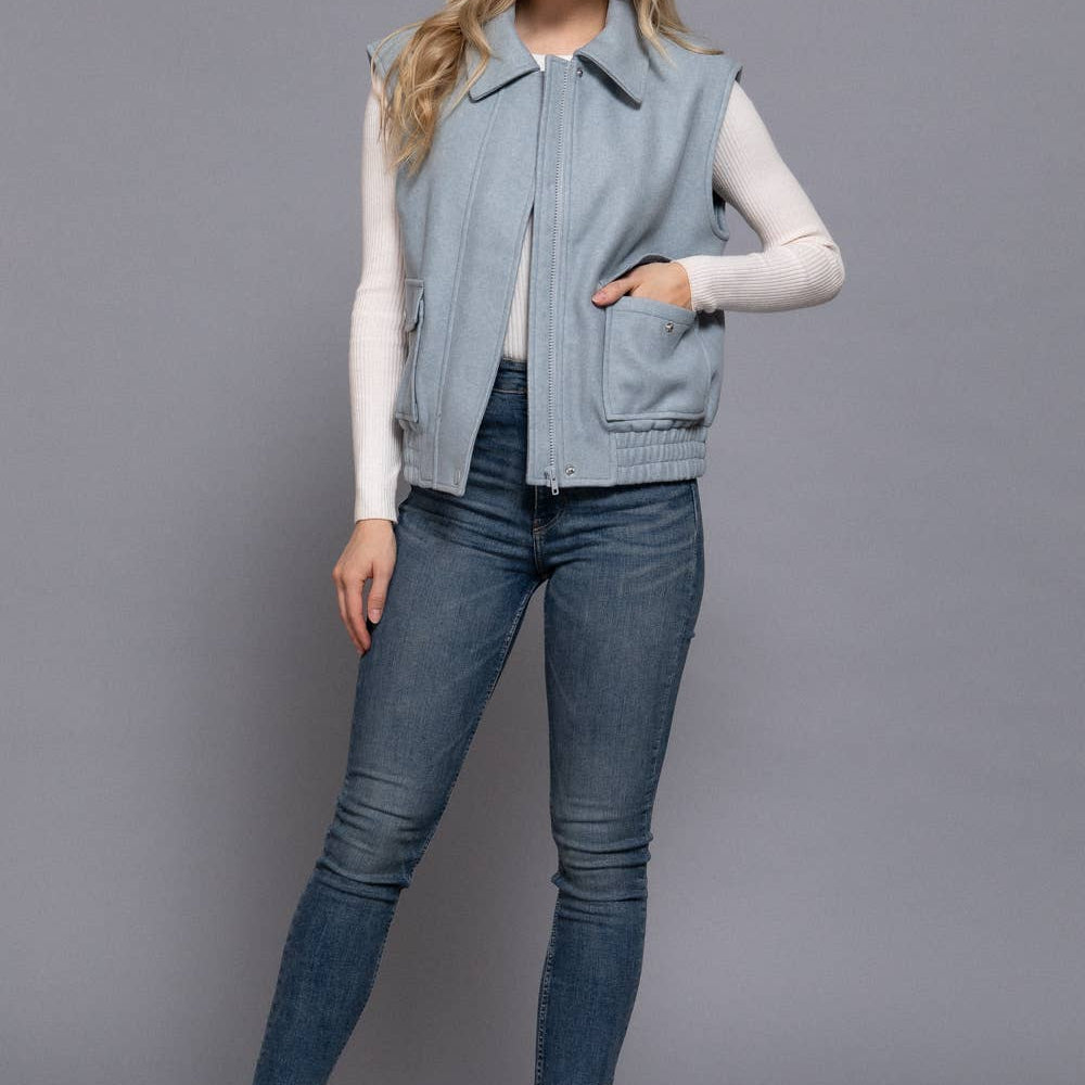 Pale Blue Notched Collar Soft Felt Zip Up Vest