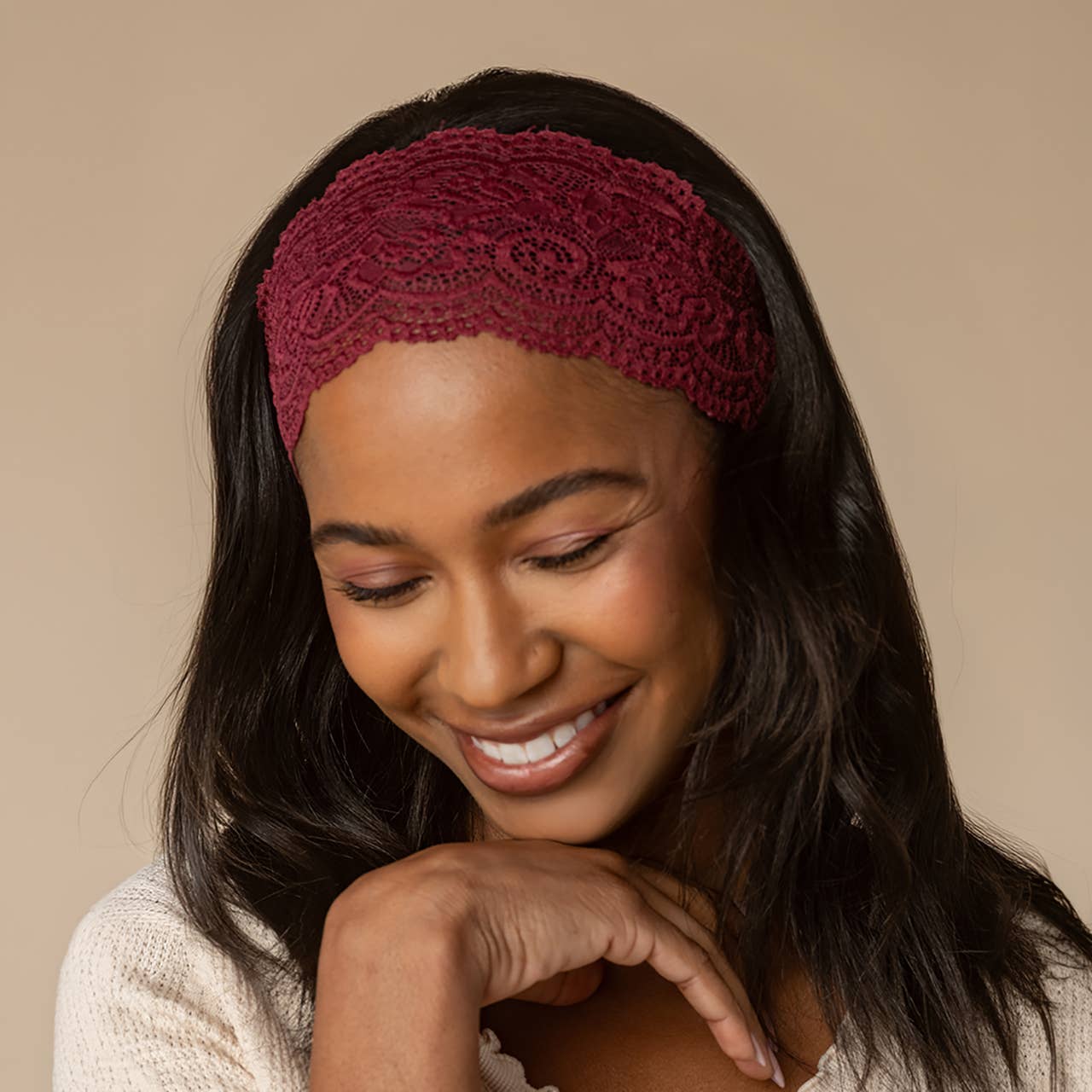 CC Wide Lace Elastic Headbands 2pc Set - Cherry Lacquer & Dusty Pink