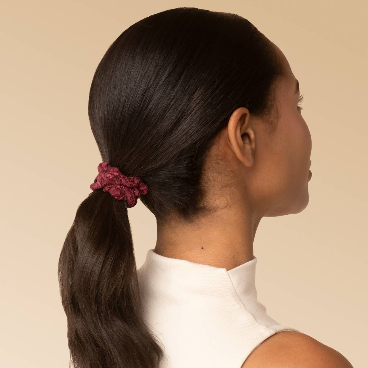 CC Ruched Lace Scrunchies 5pc Set - Cherry Lacquer & Dusty Pink