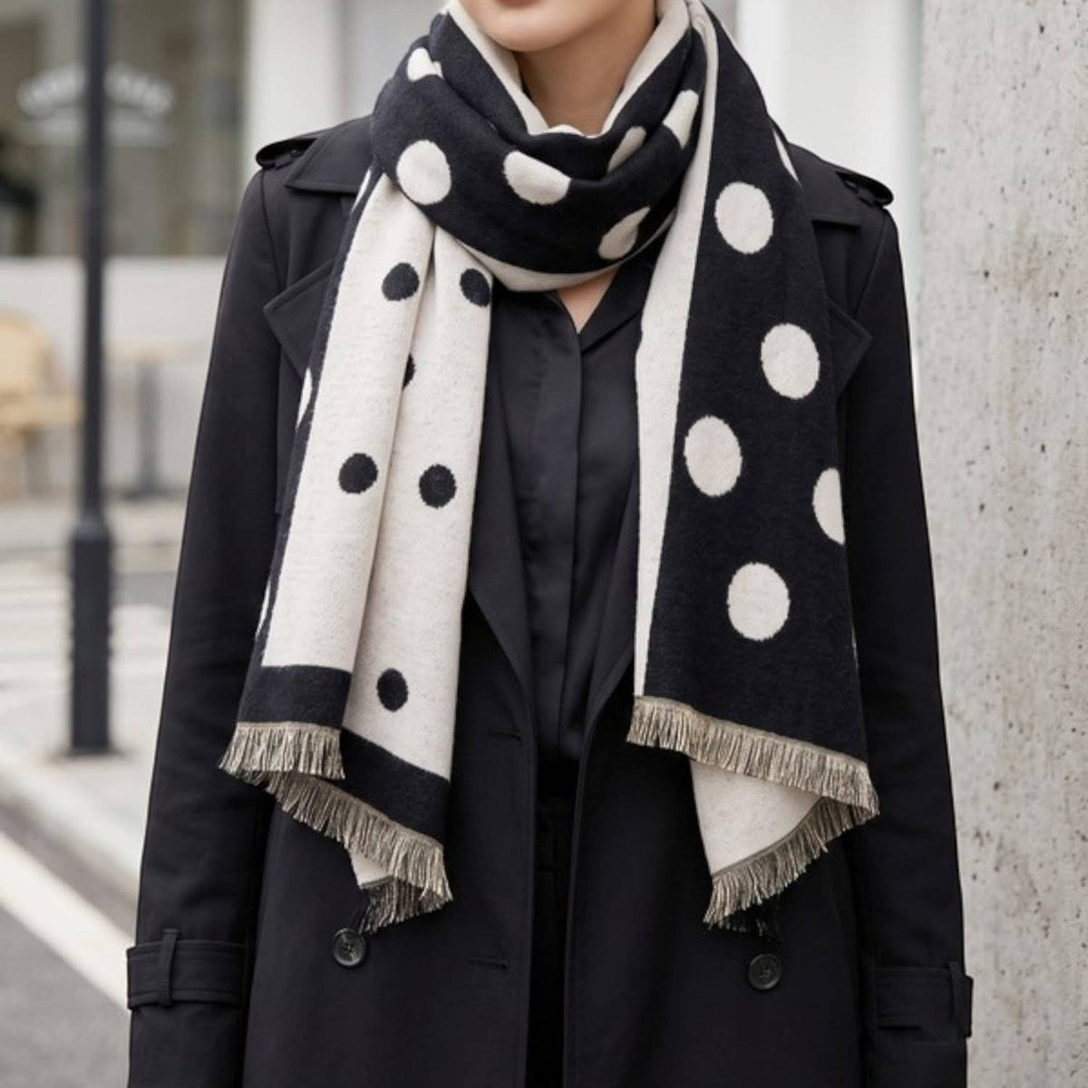 Two Tone Polka Dots Print Reversible Scarf Wrap in Black