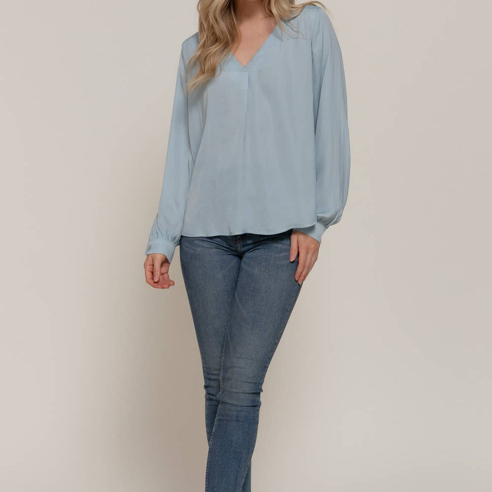 Blue Long Sleeve V-Neck with Pleats Satin Blouse