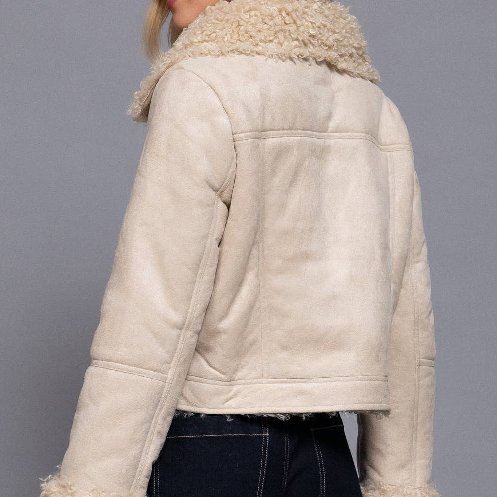 Beige Suede Short Jacket with Faux Fur Lining