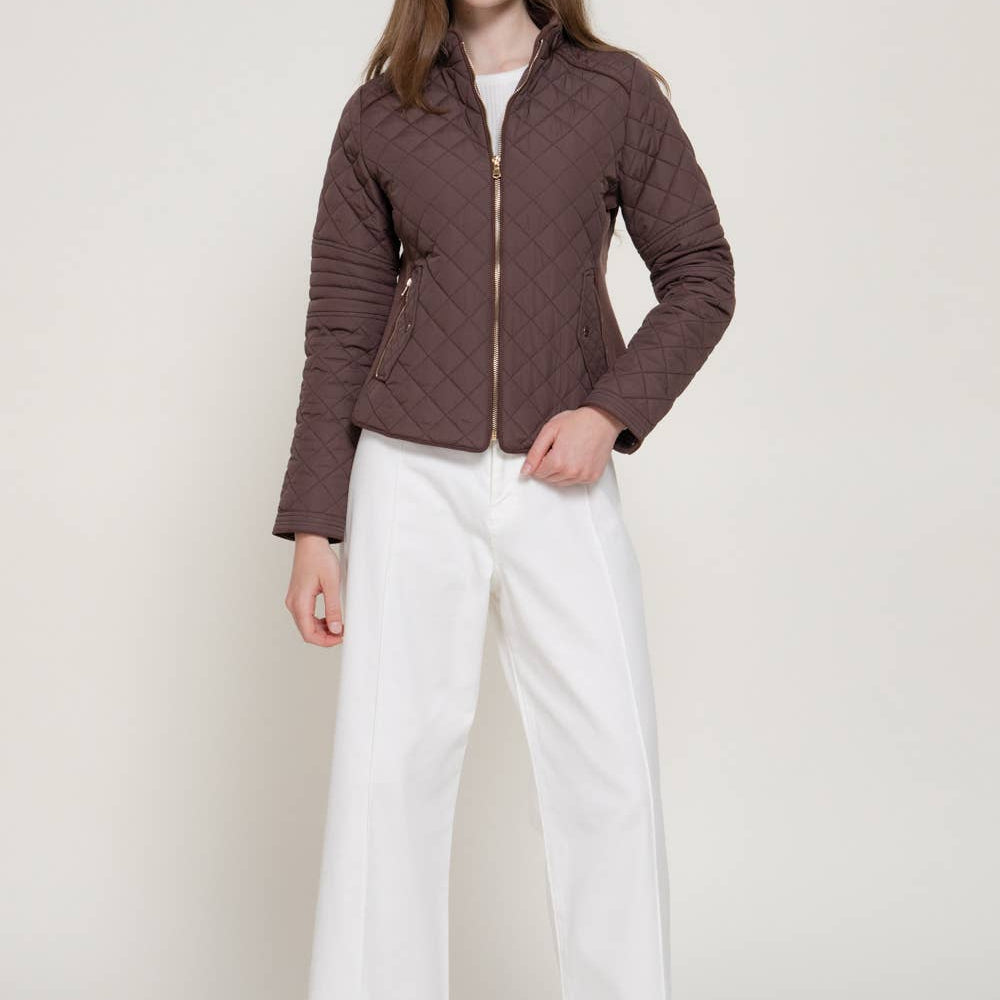 Brown Suede Piping Detail Rib Quilted Padding Jacket PLUS 2919
