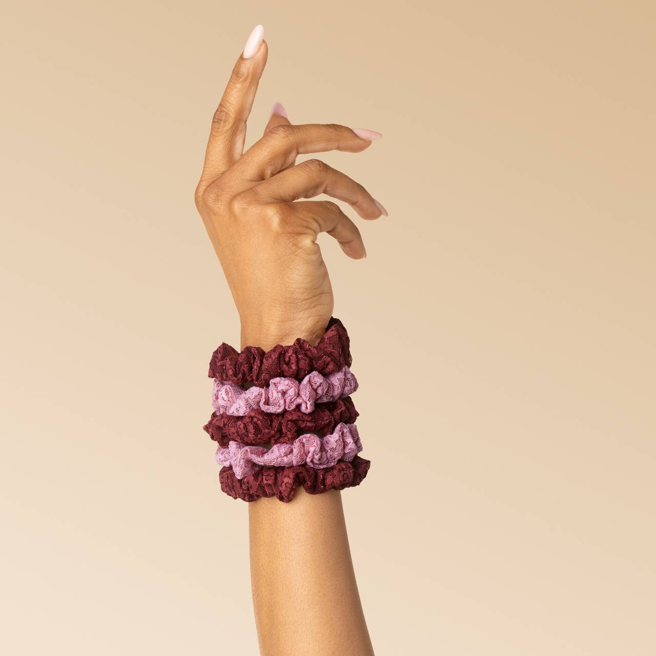CC Ruched Lace Scrunchies 5pc Set - Cherry Lacquer & Dusty Pink