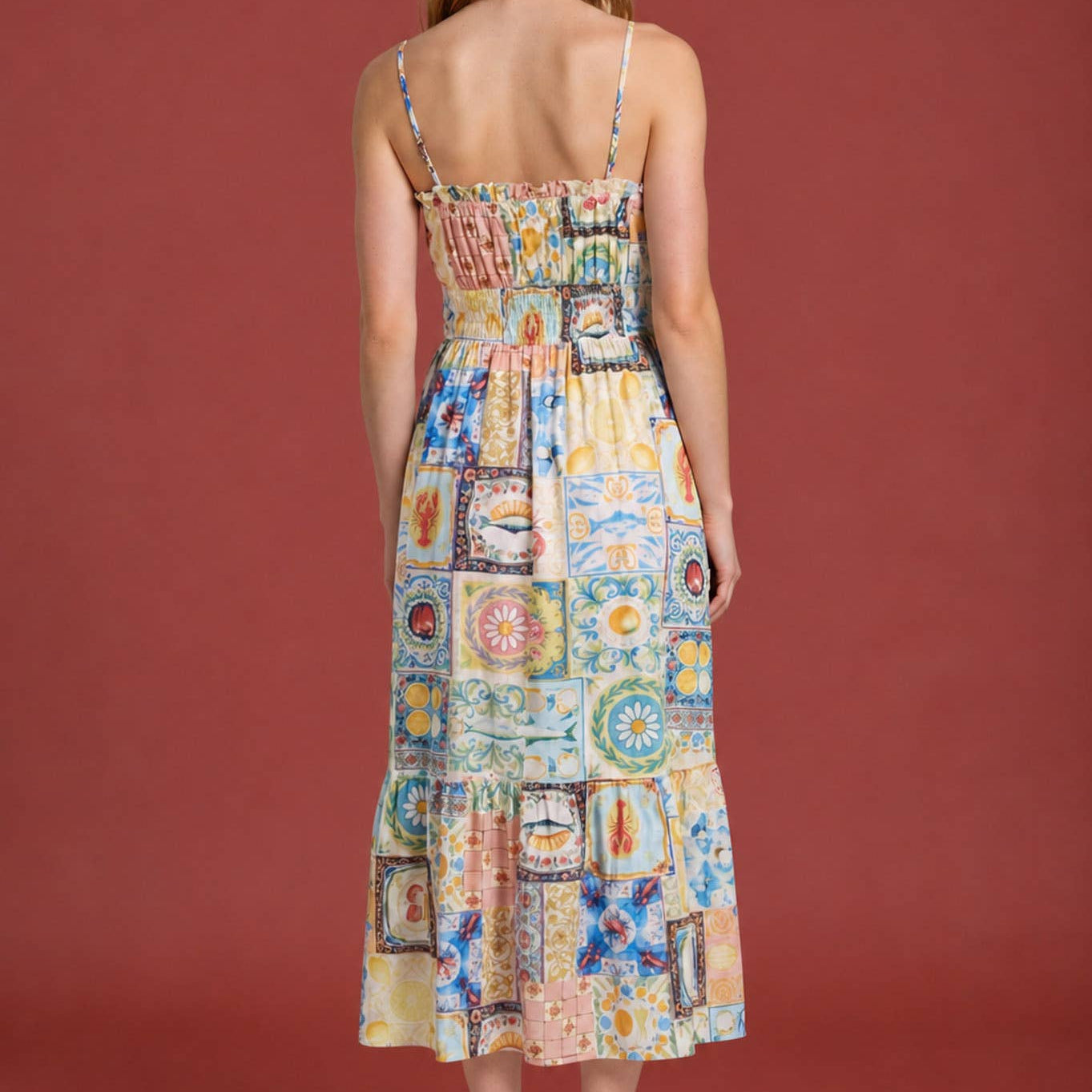 Colorful Positano Motif Spaghetti Strap Midi Dress