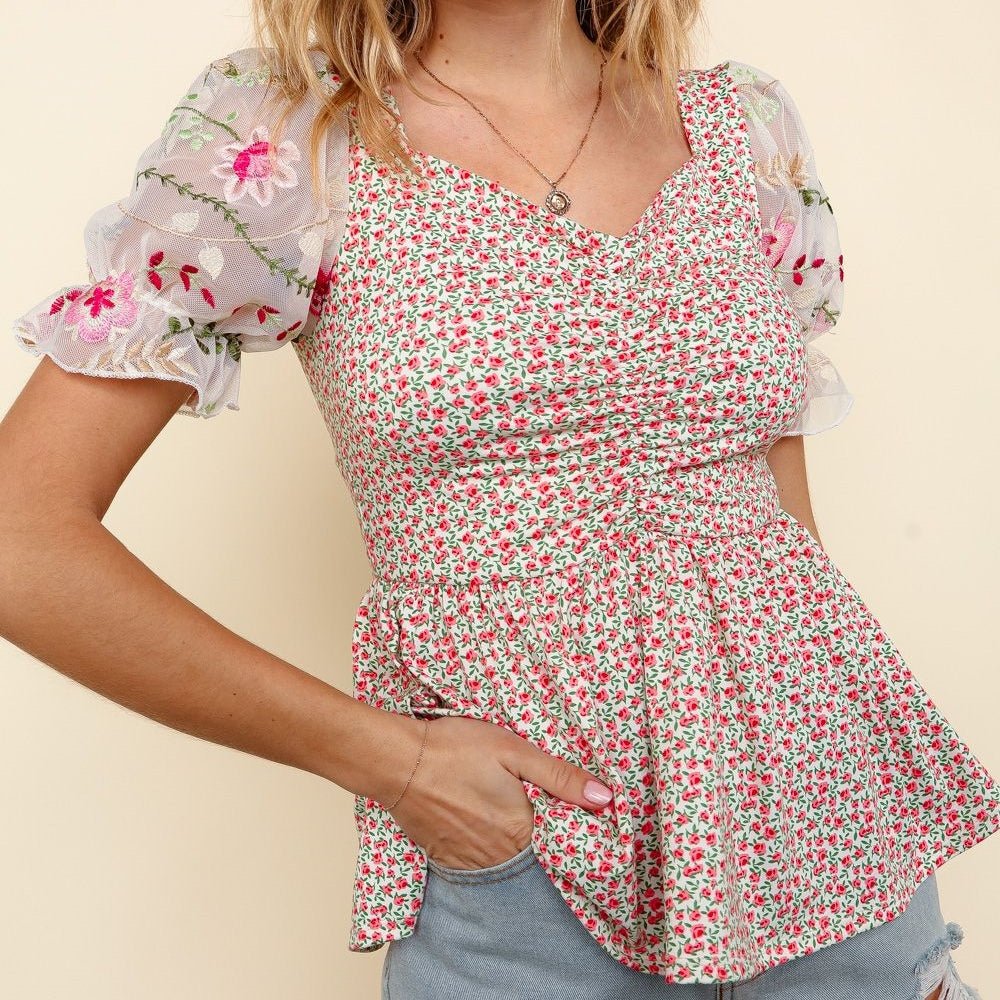 Floral Embroidered Mesh Sleeve Knit Top – Romantic Spring Style