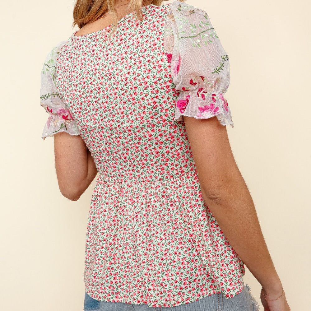 Floral Embroidered Mesh Sleeve Knit Top – Romantic Spring Style