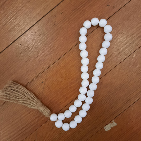 White Wooden Beaded Loop with Tassel
