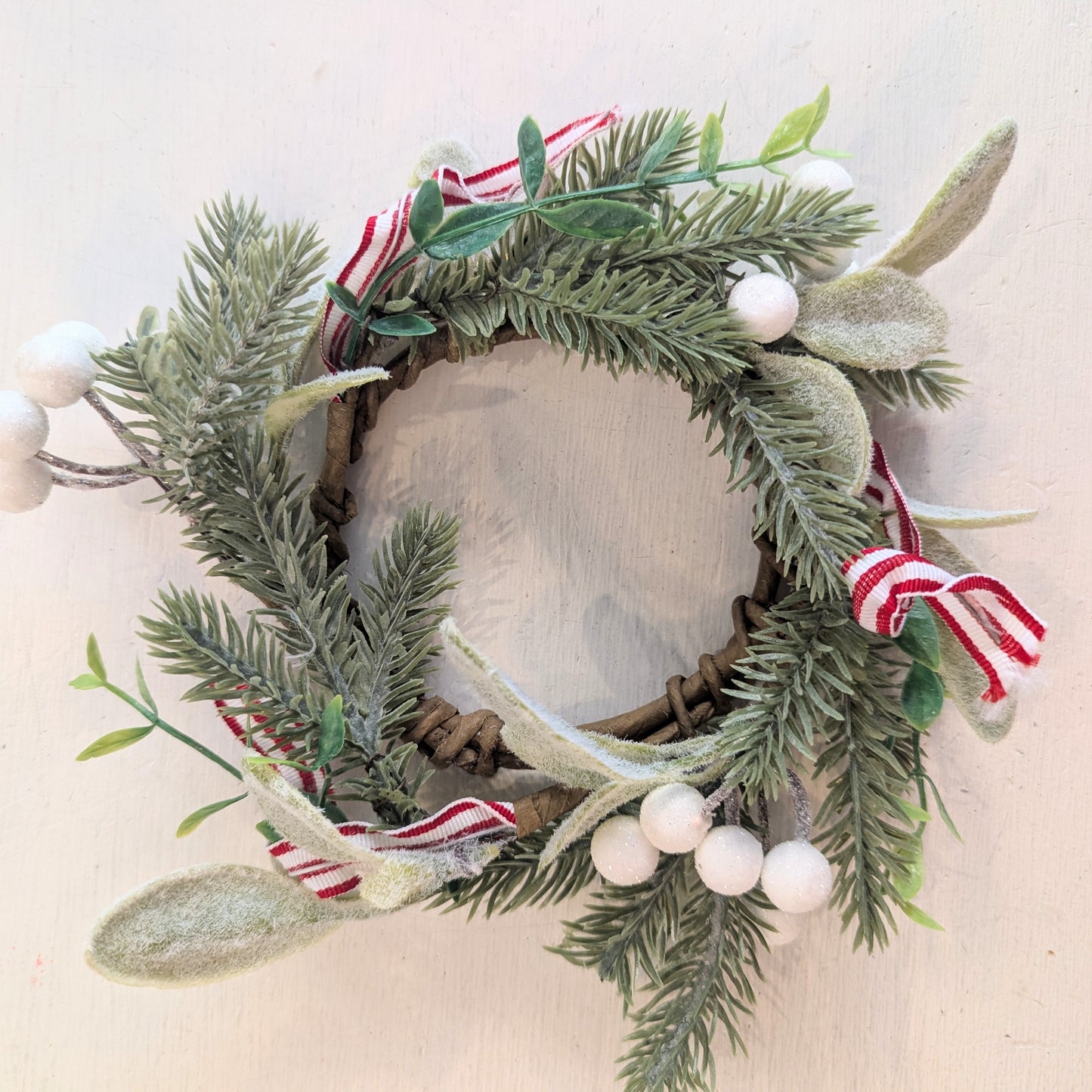 Flocked Lamb's Ear w/White Berries & Peppermint Ribbon Candle Ring